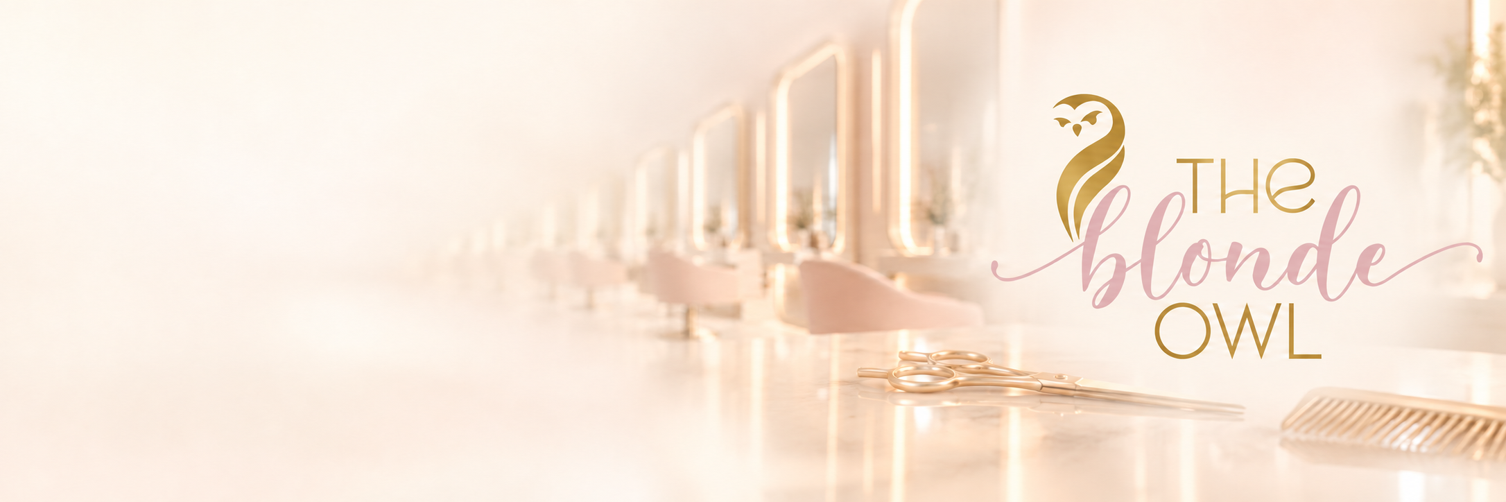 The Blonde Owl’s pink and gold owl logo over a softly fading salon-inspired background with scissors and a comb