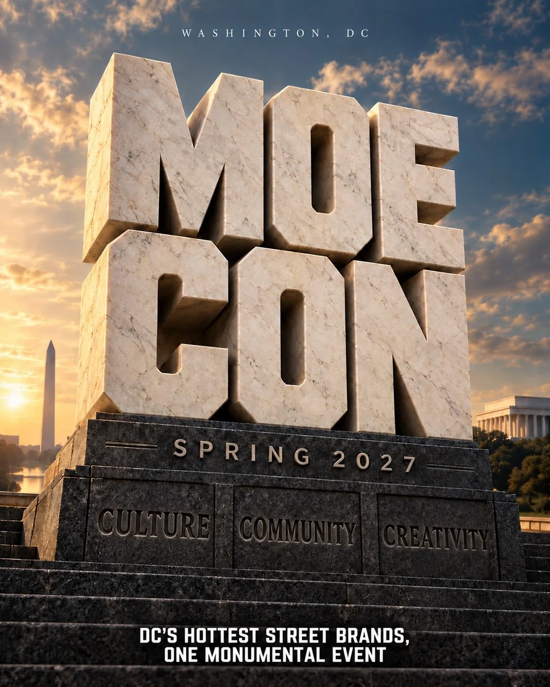 MOE CON carved in monumental marble above a granite base reading Spring 2027, Culture, Community, Creativity, with Washington DC monuments at sunset.