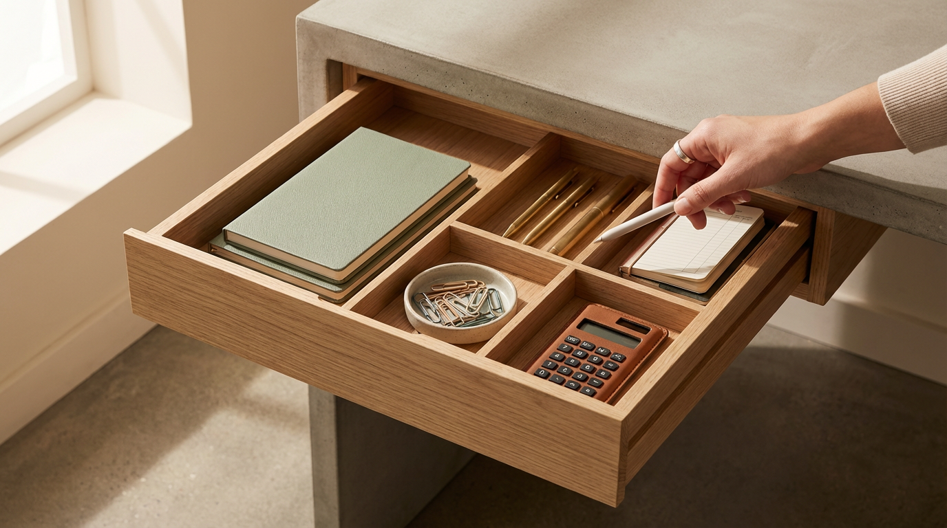 An organized desk with warm wood tones and neatly arranged bookkeeping essentials
