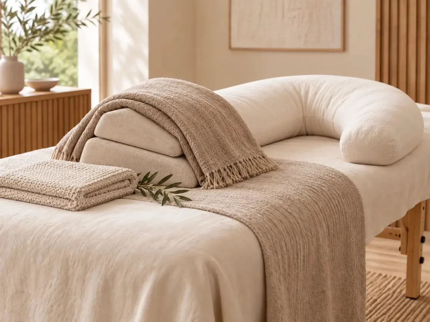 A massage table made up with fresh linen