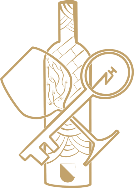 wineBANK Zürich emblem: a wine bottle, a glass and a vault key with the Zurich shield