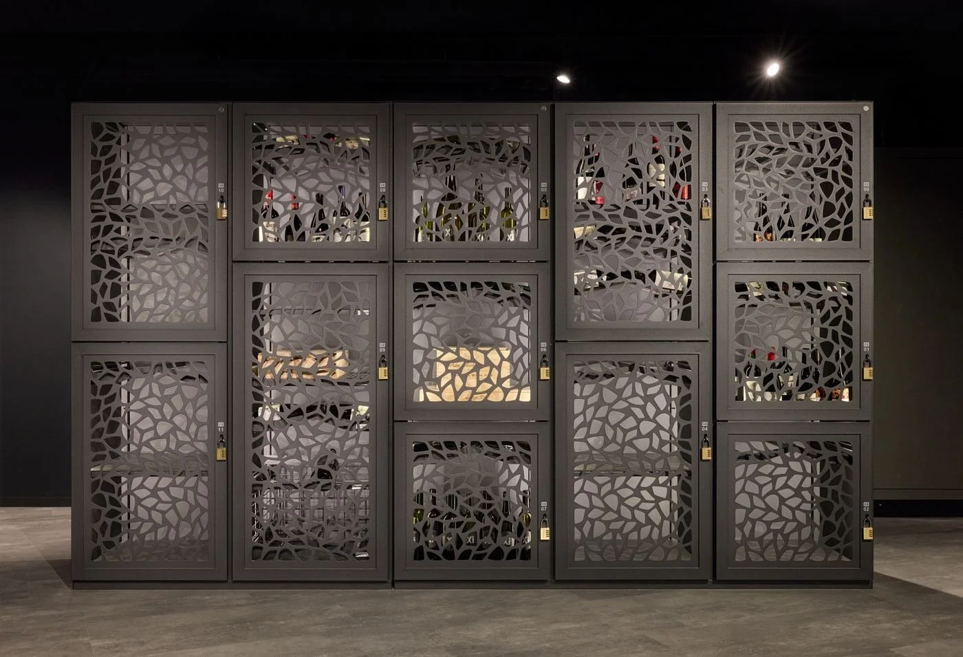 A wall of private wine lockers in the vault