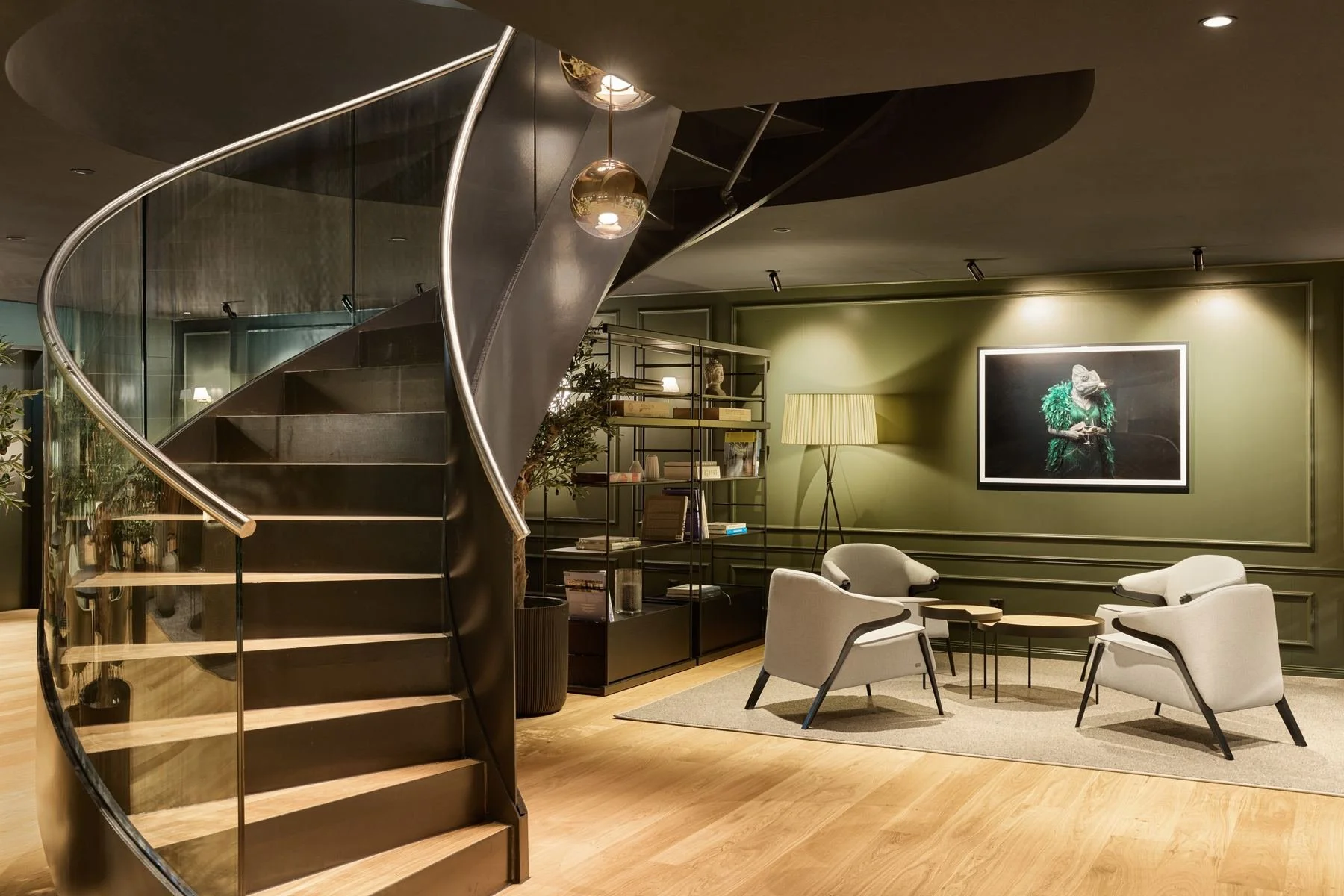 The spiral staircase connecting the lounge to the cellars