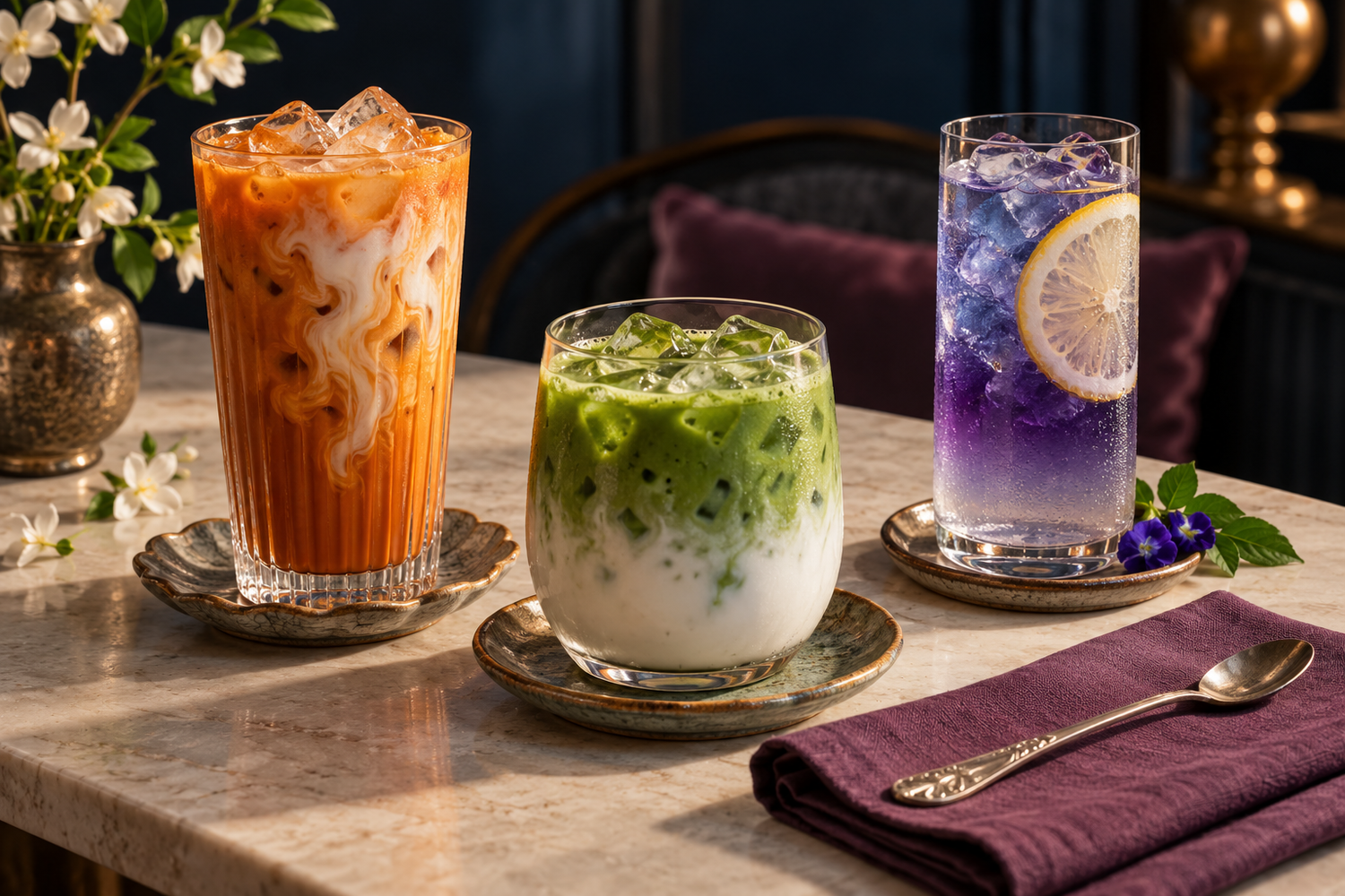 Thai iced tea, iced matcha latte and butterfly pea lemonade on ceramic saucers with fig linen and a silver spoon