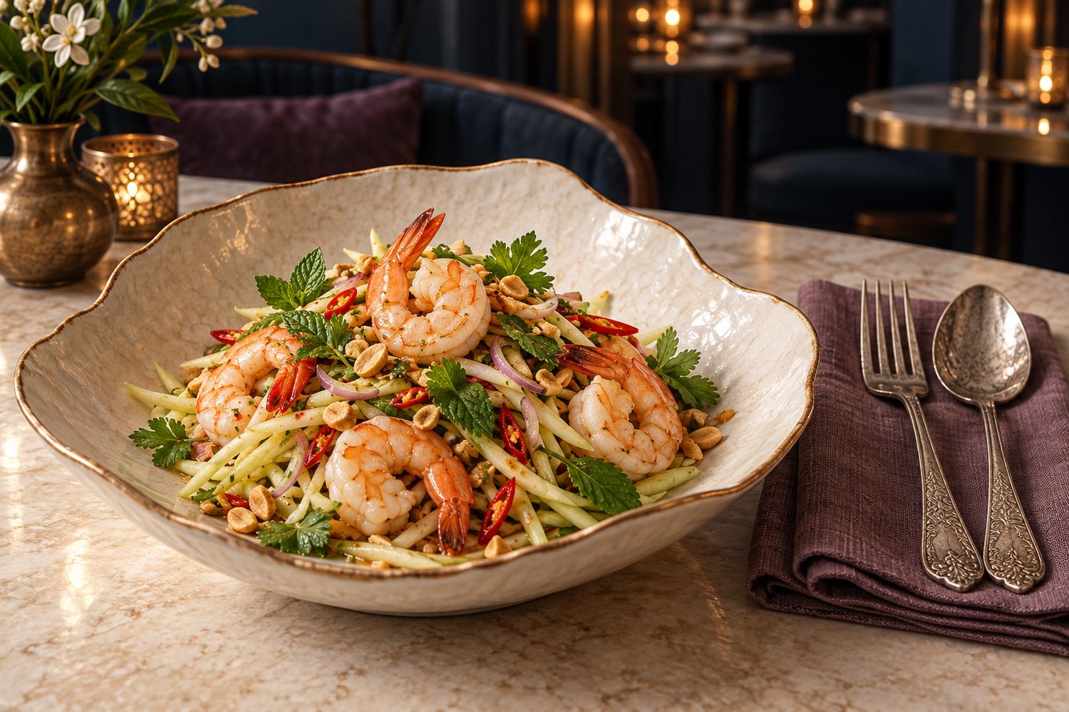 Thai mango shrimp salad with fresh herbs, chili and peanuts in pearl ceramic with fig linen and engraved silverware