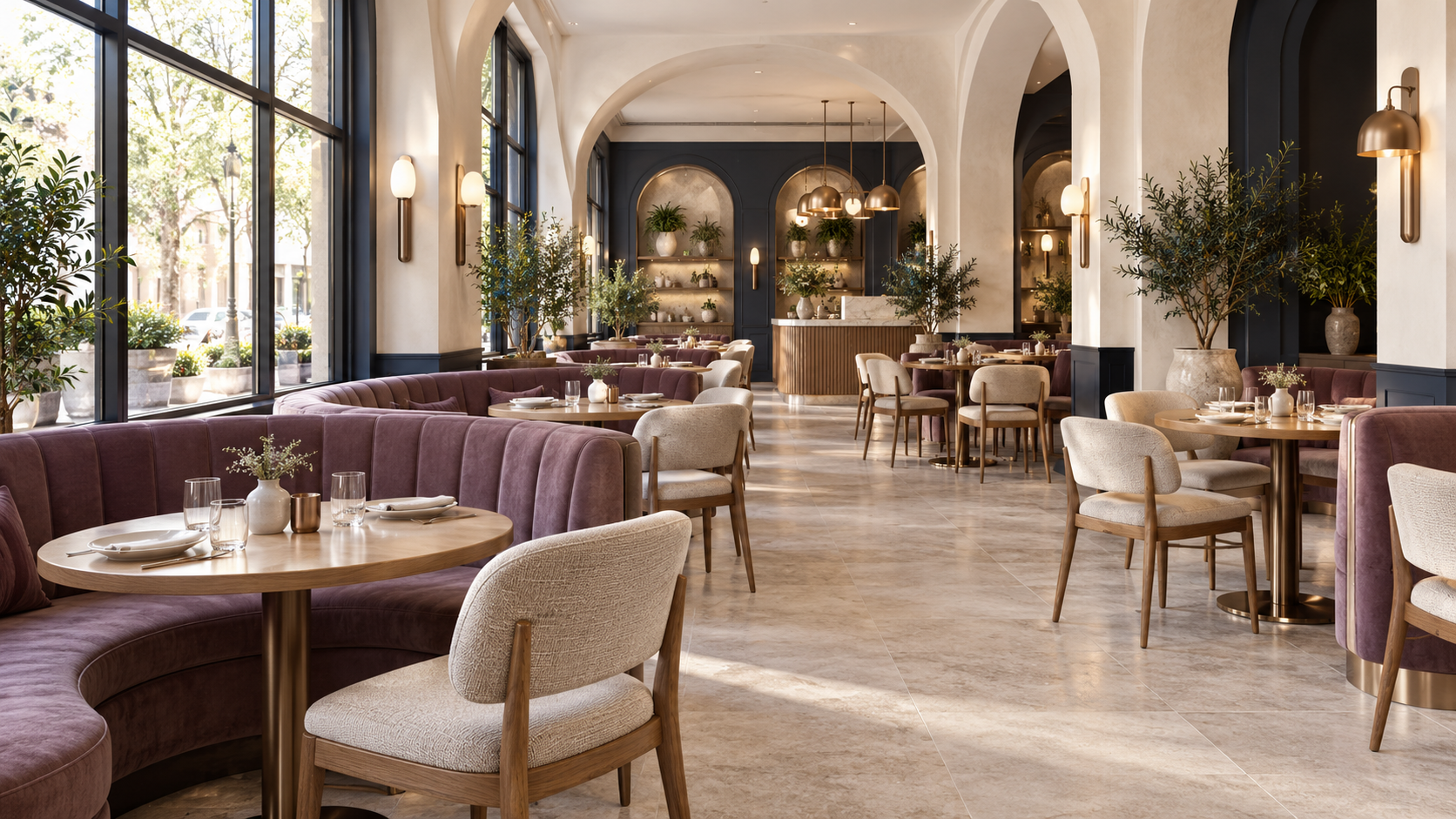 Daytime dining room concept with fig banquettes and pearl arches