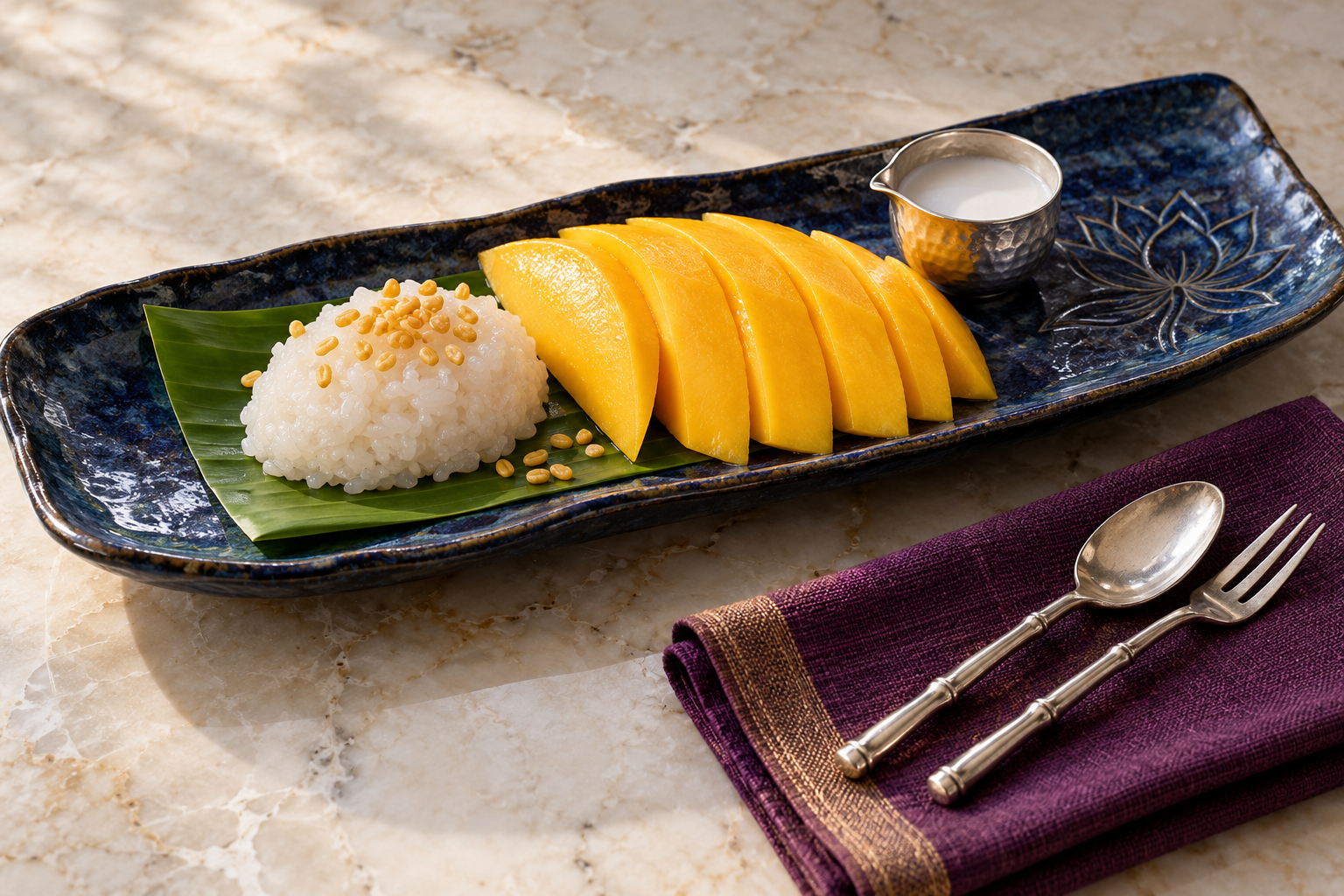 Mango sticky rice concept with silver dessert utensils and fig linen