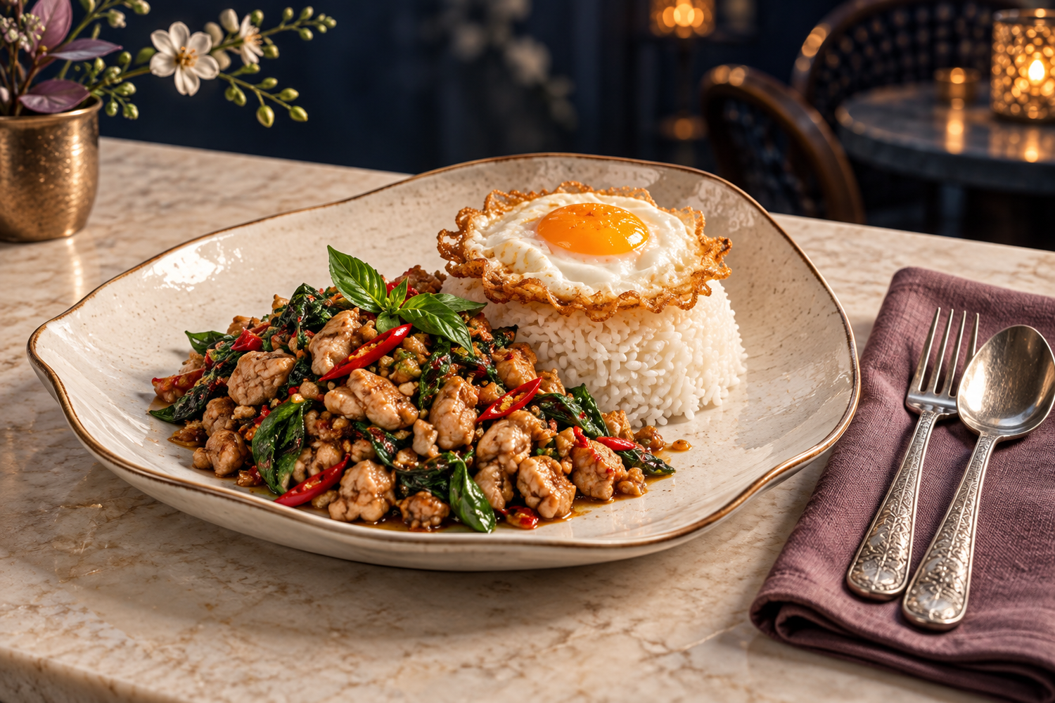 Pad Kra Pao chicken with jasmine rice and crispy fried egg on ivory ceramic with engraved silver utensils