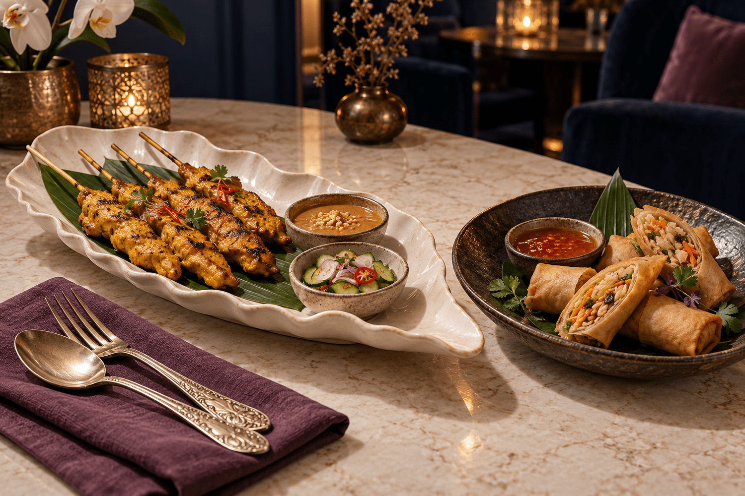 Thai chicken satay with peanut sauce and cucumber relish alongside crispy vegetable spring rolls on sculptural ceramics