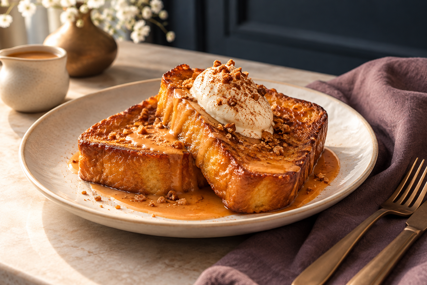 Thai tea French toast with berries, sculptural tableware and silver cutlery