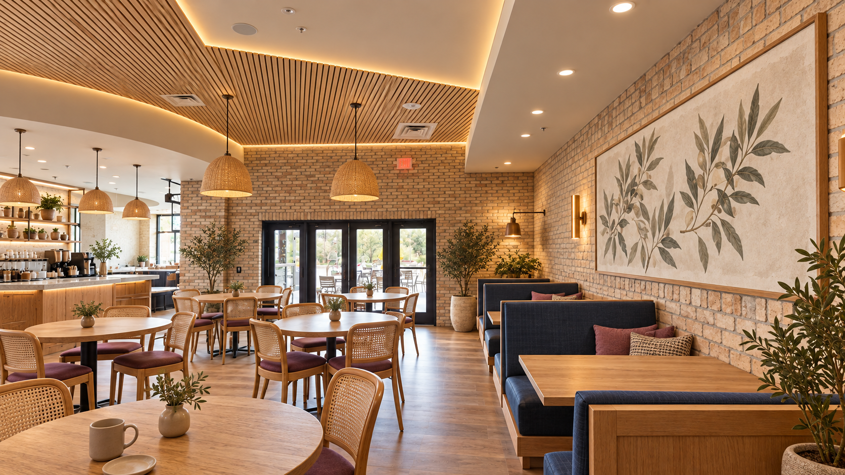 Natural material restaurant interior concept with woven chairs and botanical wall art