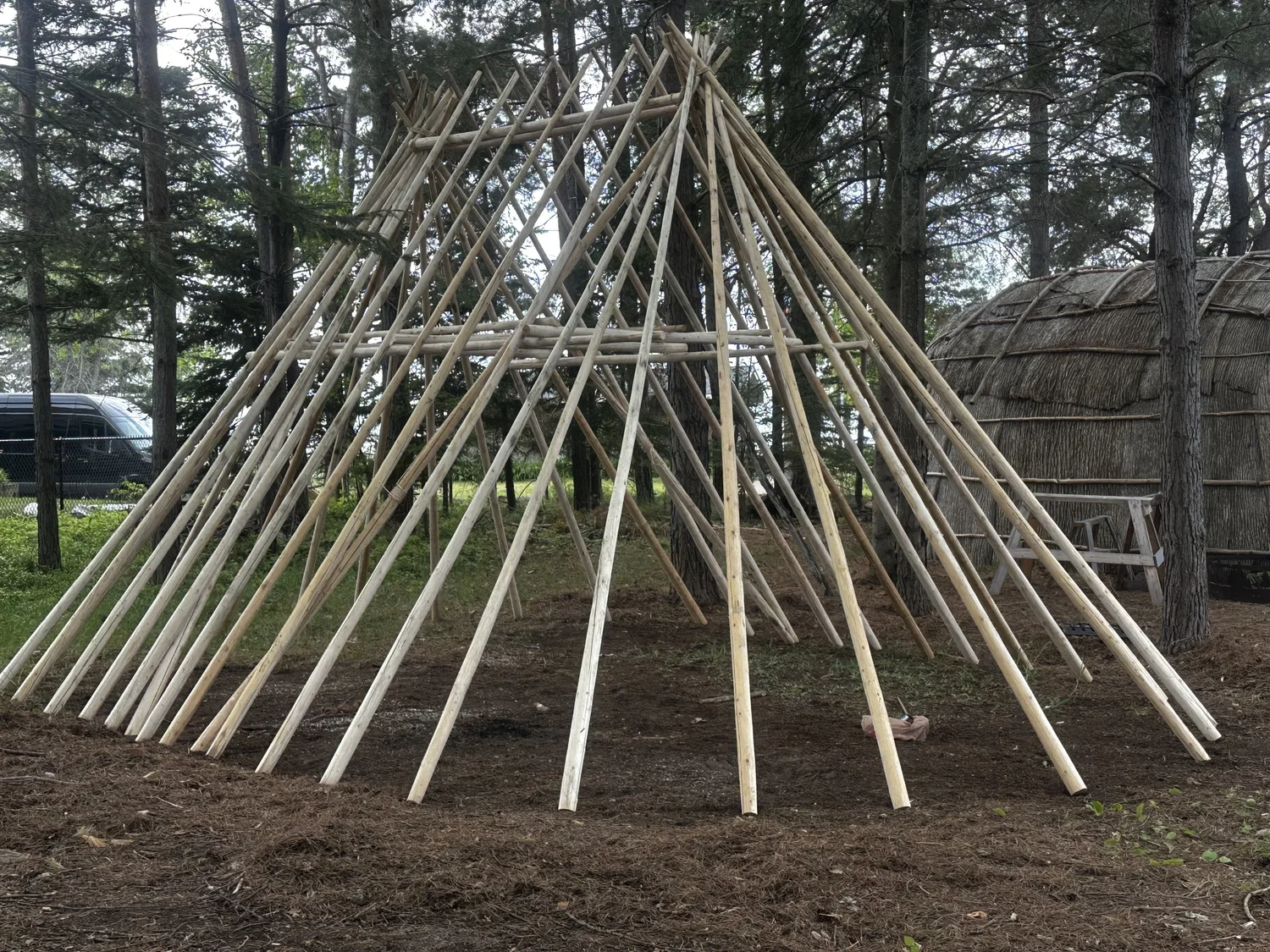 The framework of Birch House during construction at Flicker House in La Pointe, with a bark-covered structure beside it