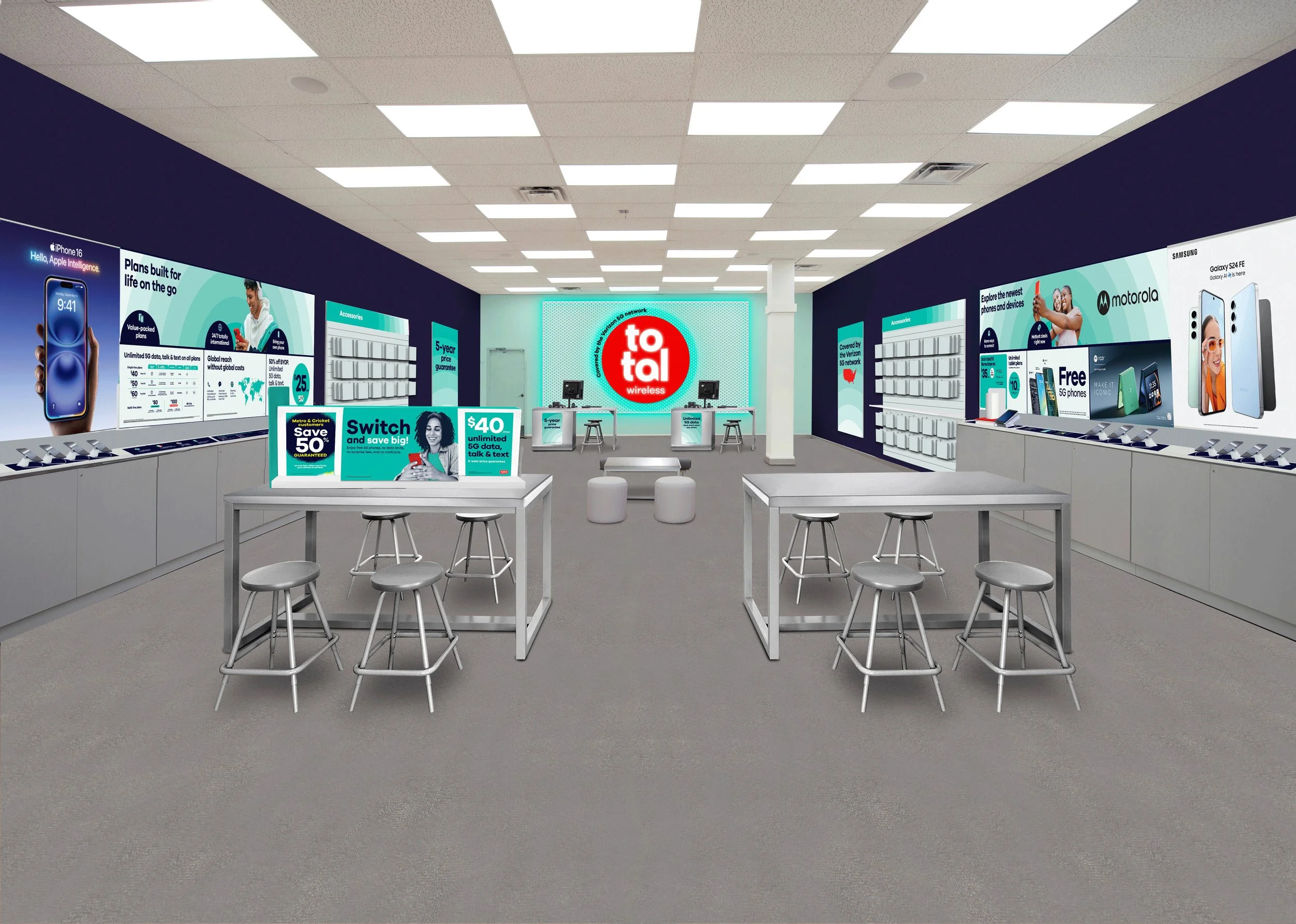 Wide view of a Total Wireless retail interior with phone displays, accessory walls, and service tables