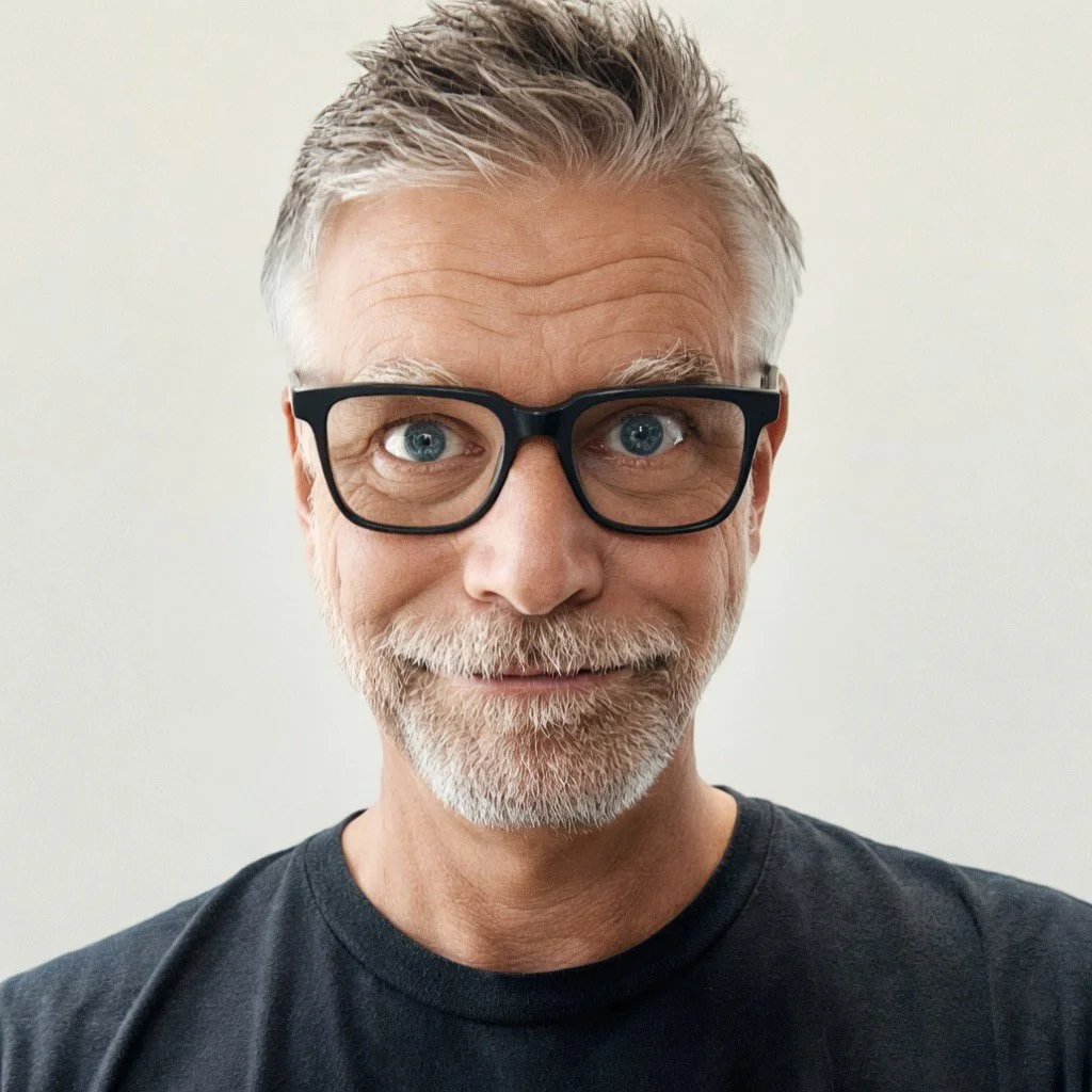 A middle-aged man with gray hair, a beard, and glasses smiling at the camera against a plain white background.