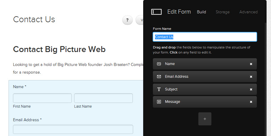 Squarespace 6's forms export easily to an email address, Google Doc, or a MailChimp list.