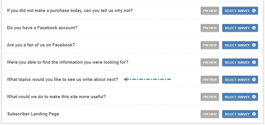 Qualaroo provides a large list of ideas for other surveys to put on your website in addition to your blog.
