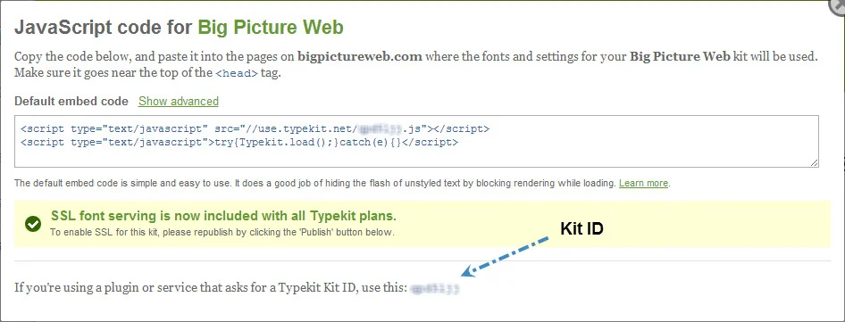 Snag your Typekit Kit ID from your Embed Code dialog box.
