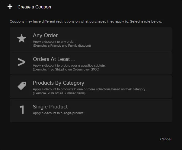 Offer a wide range of coupon codes with Squarespace e-commerce tools. 
