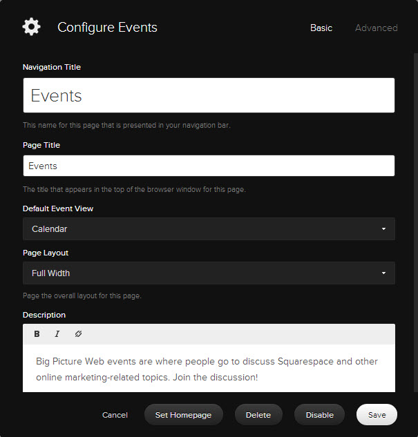 Squarespace events pages include the ability to change between list and calendar view for your events.