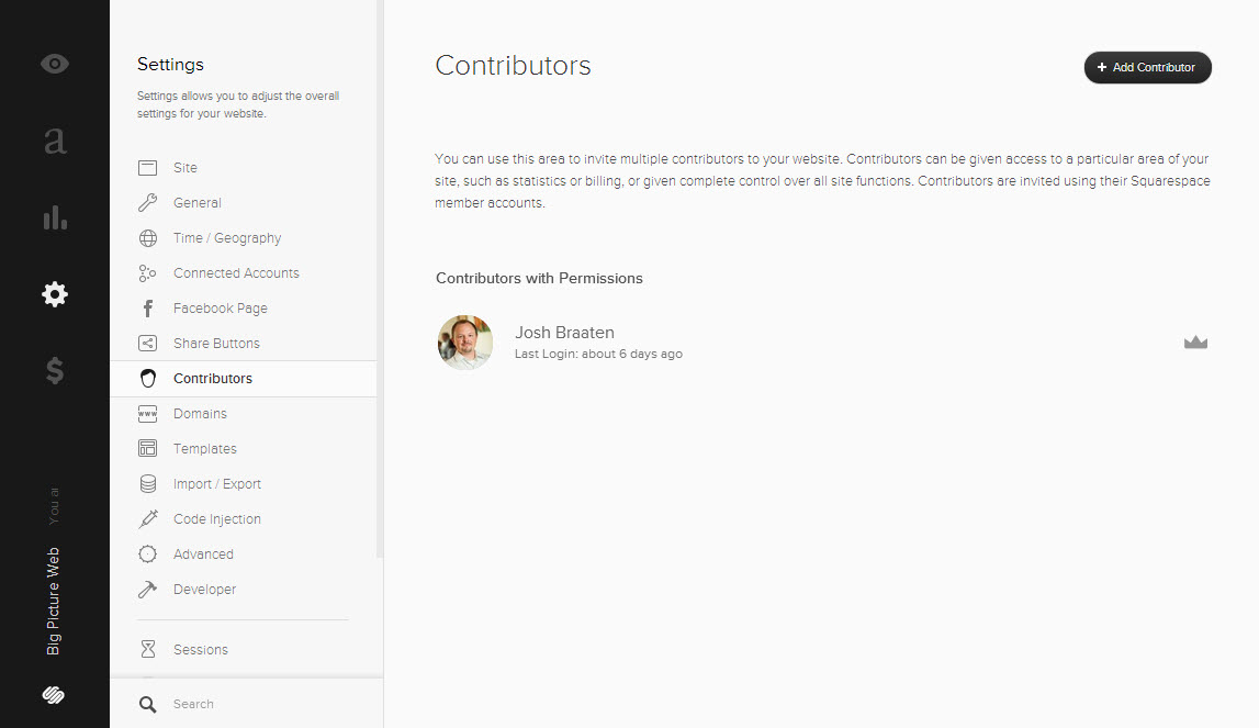 Add people to your website's management roster through the Contributors page in your Squarespace settings.