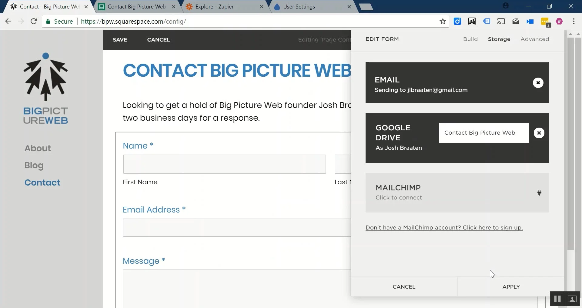 The name of the Google Sheet document we're looking for is: Contact Big Picture Web.