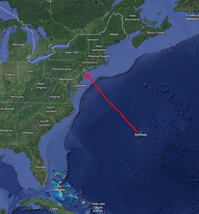 Bermuda to New York: 673nm (774mi or 1246km)