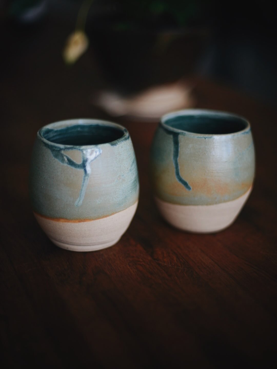 Two new handle-less mugs made at my occasionally-visited pottery.  Threw two more yesterday when I went to pick them up &mdash; it had been a month since I sat at the wheel, and it showed.

There might be a wheel purchase in my future. 2027, maybe?