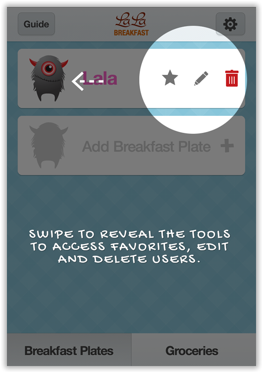 swipe to reveal the tools to edit breakfast plates