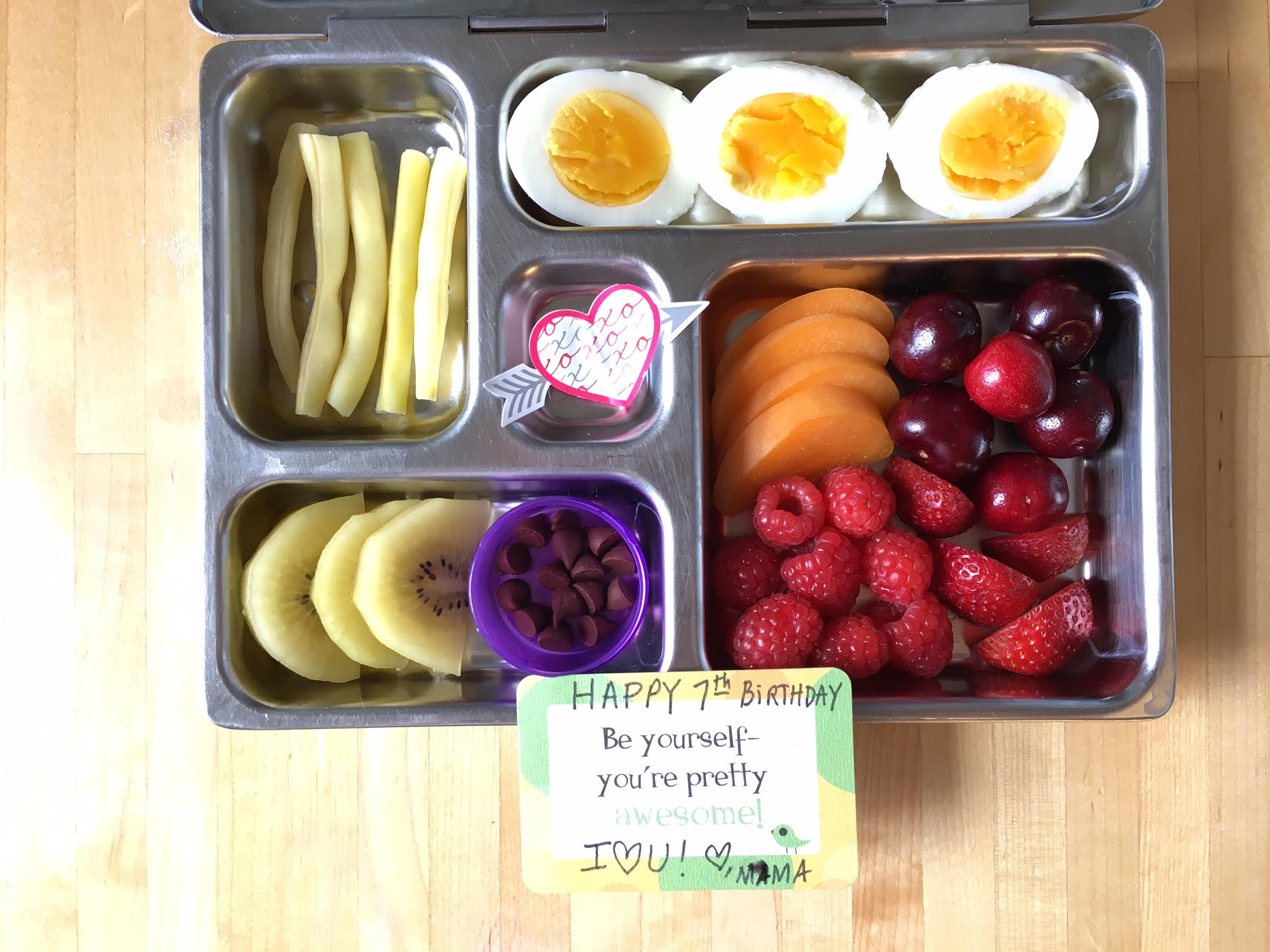 eggs, wax beans, cherries, apricot, raspberries, strawberries, kiwi and chocolate chips