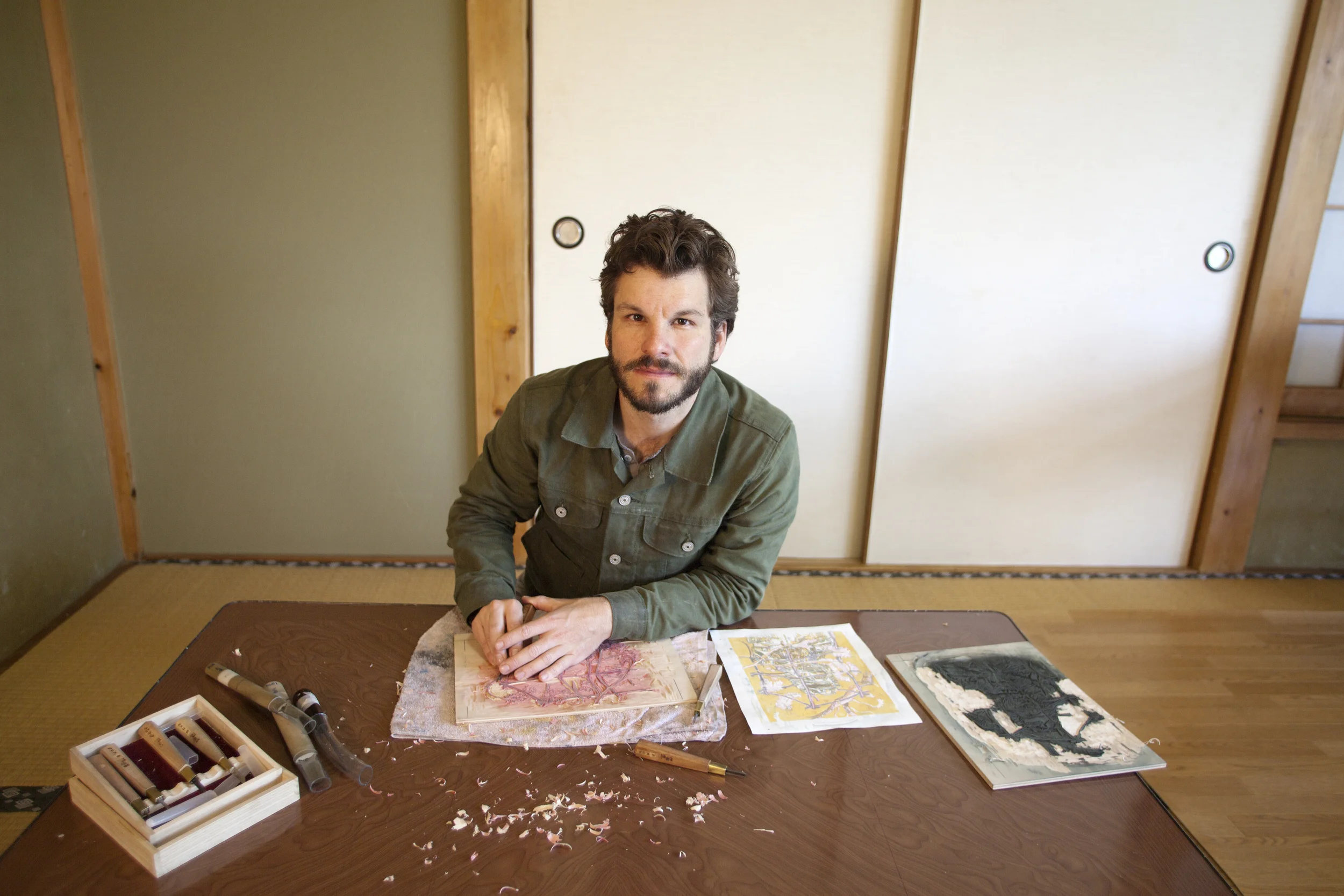 Charles Coates working at the Mokuhanga Innovation Laboratory in Kawaguchi, Japan.