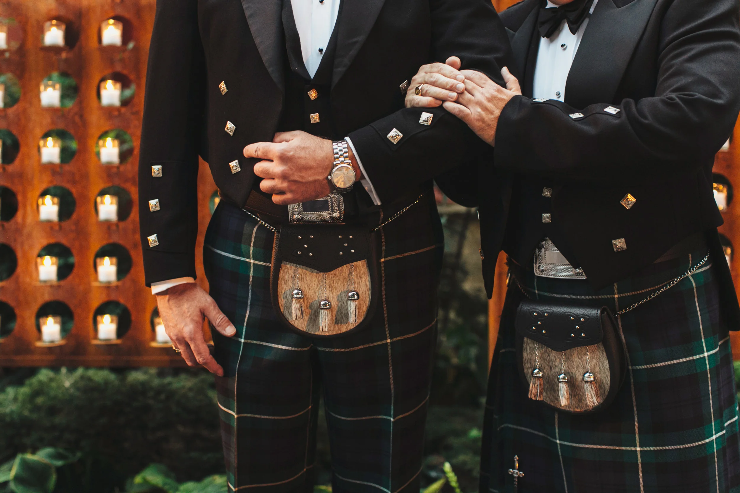 Two grooms in kilts at same sex wedding at Cloisters Castle in Lutherville, MD - Maria Vicencio Photography Weddings