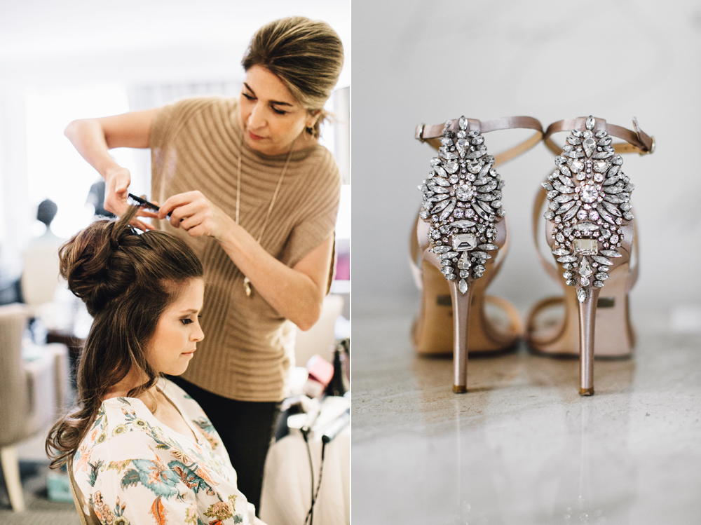 Bride getting ready with Bridal Hair by Remona and Badgely Mischka shoes - Maria Vicencio Photography Weddings