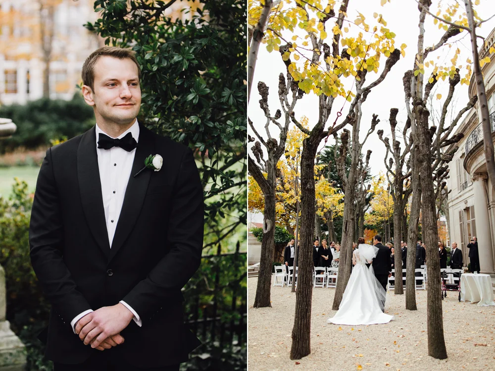 Bride walking into ceremony as groom looks on at Meridian House in DC - Maria Vicencio Photography Weddings