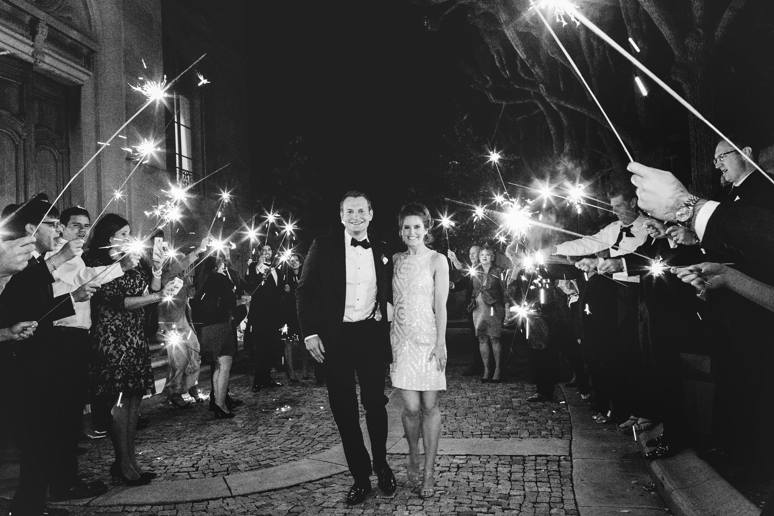 Black and white shot of sparkler exit with bride and groom at Meridian House in DC - Maria Vicencio Photography Weddings