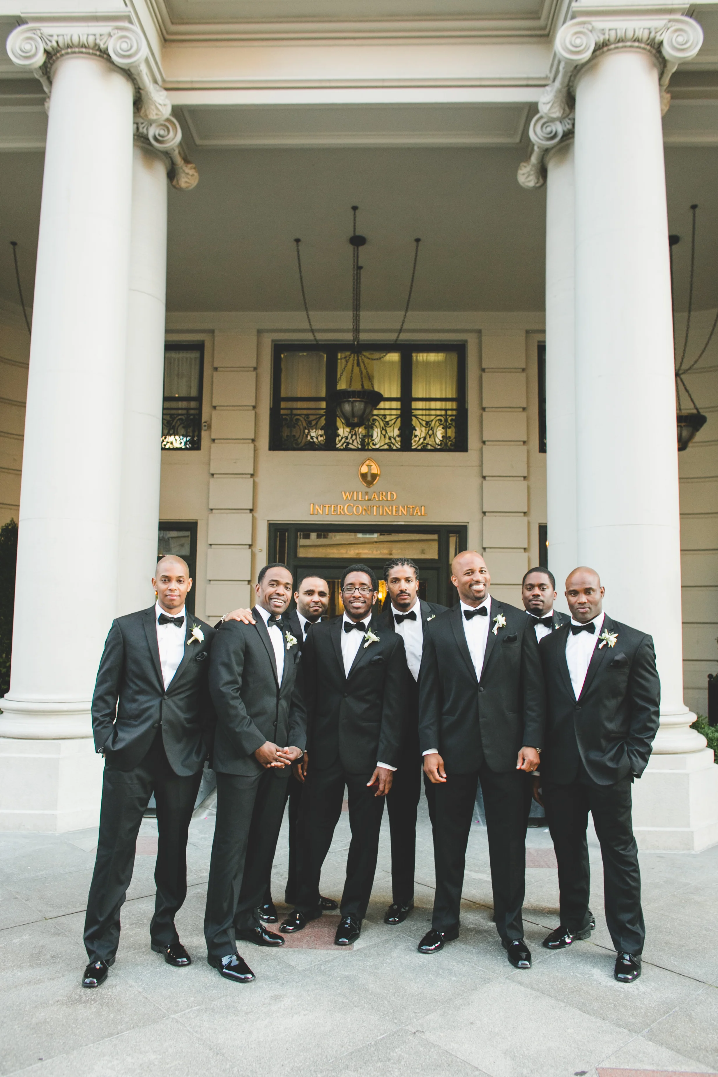 Groomsmen in front of the Willard Hotel in DC - Maria Vicencio Photography Weddings