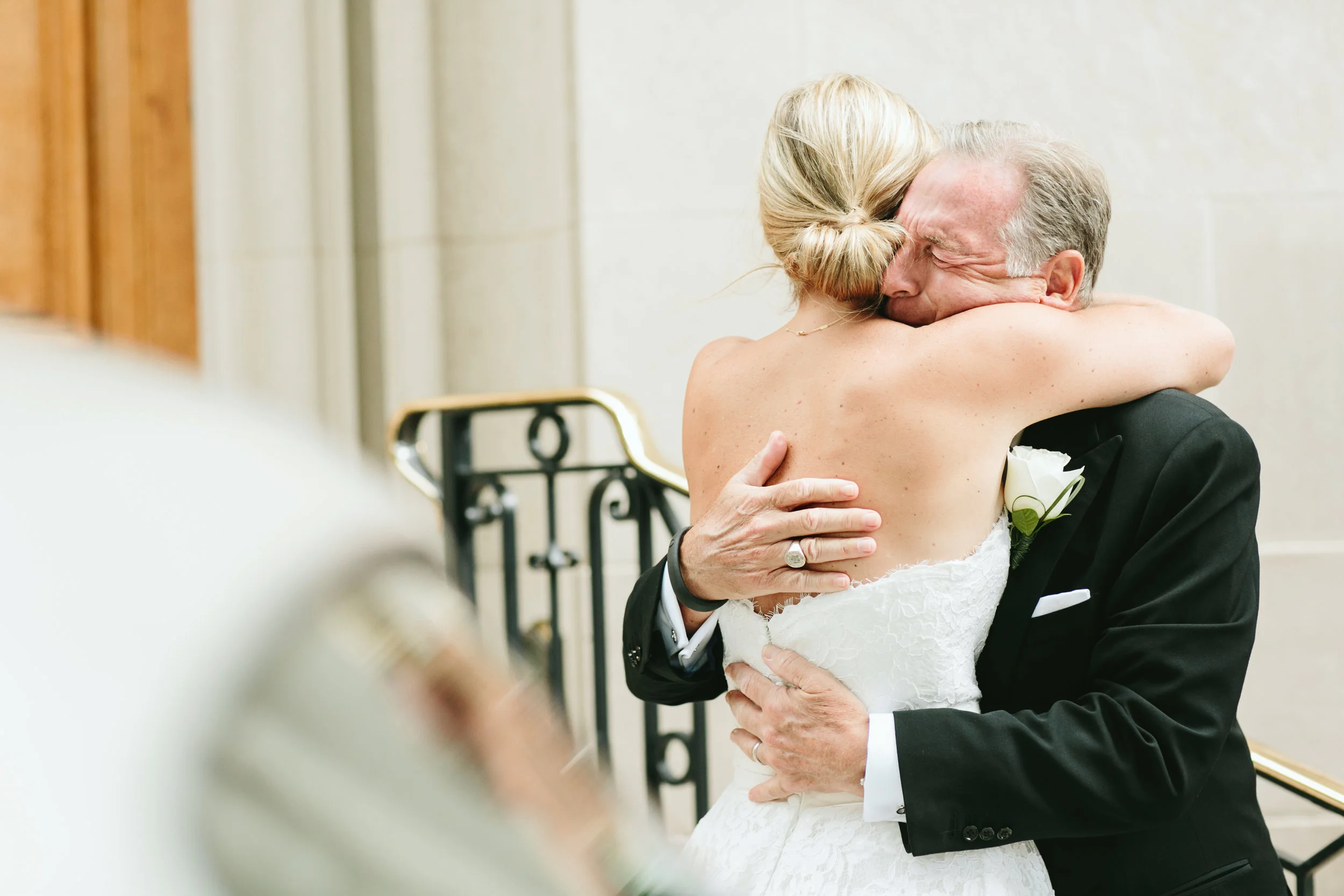 First look of bride hugging her father at Meridian House in DC- Maria Vicencio Photography Weddings