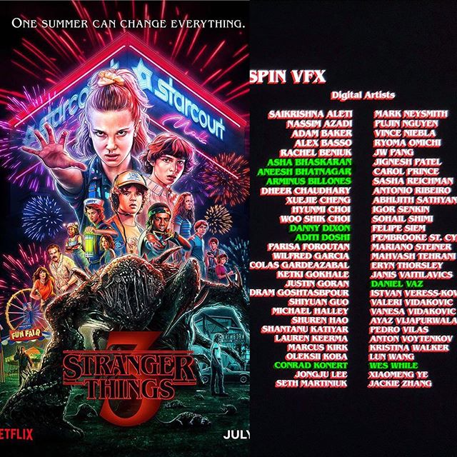 We'd like to congratulate all our graduates (highlighted in green) at Spin VFX who worked on Season 3 of Stranger Things!