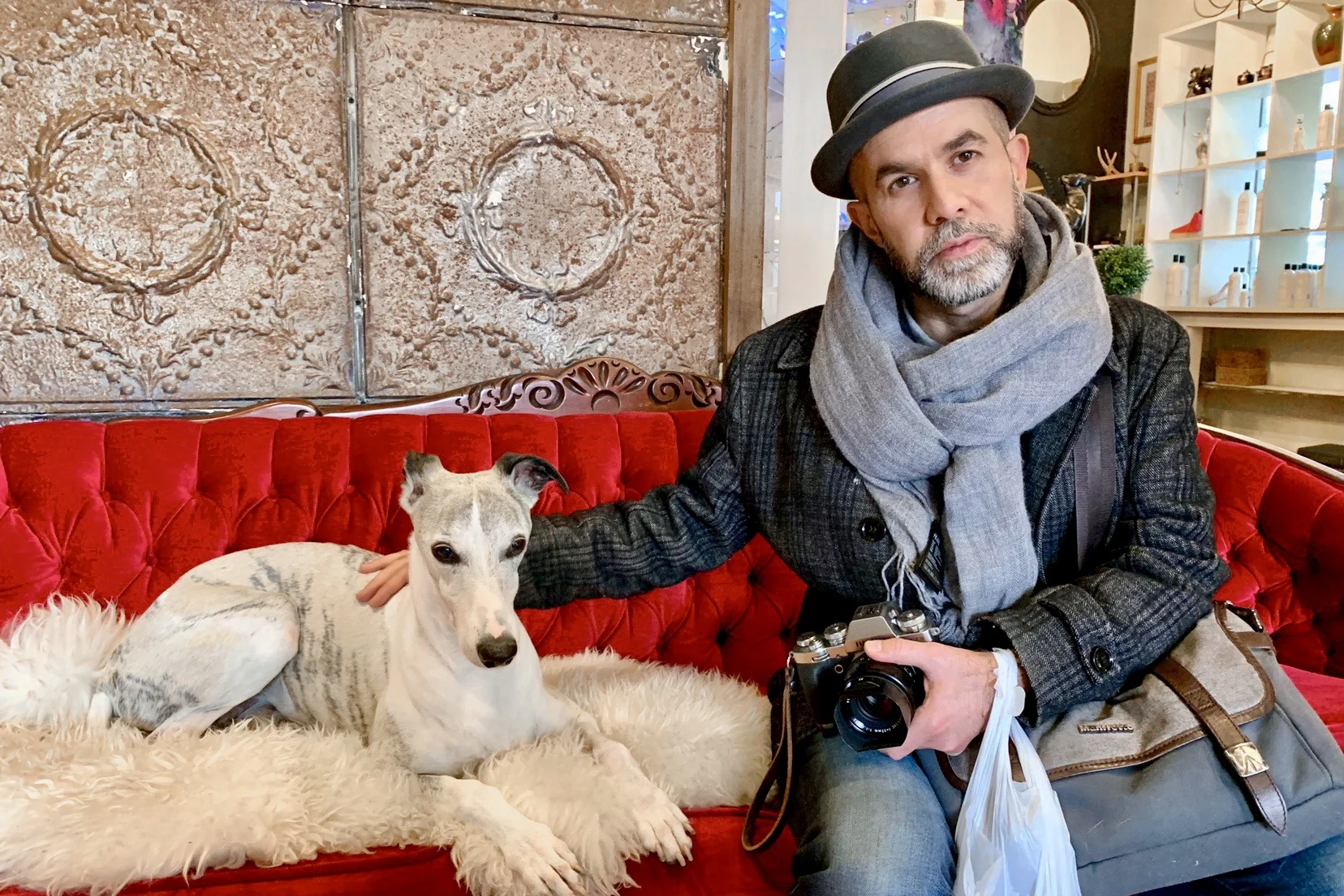 Aidan sitting next to the greyhound Miguel on Seed Shoppe’s red velvet sofa