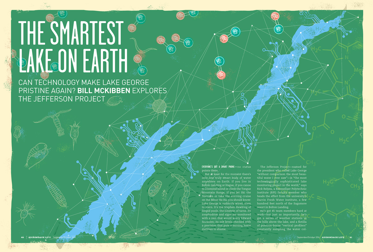 Image: illustration to accompany Adirondack Life article: The Smartest Lake on Earth. Article author: Bill McKibben. Illustration by Brucie Rosch