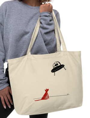 Large Eco Tote bag featuring Cat Meets Friendly Alien art — Brucie 