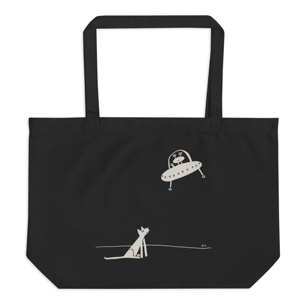 Large Black Eco Tote bag featuring Cat Meets Friendly Alien art — Brucie  Rosch