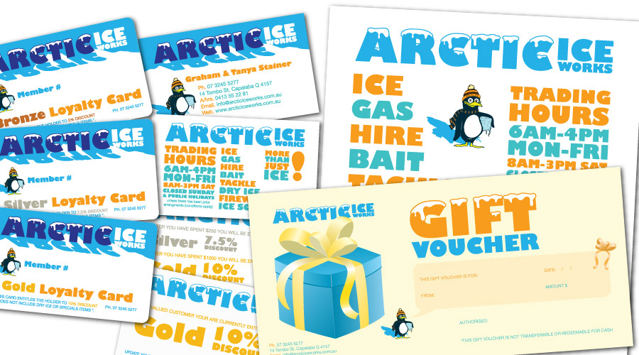  rctic Ice Works - collaterals created:&nbsp;Identity, Business Cards, Loyalty Cards, Pullup Banners, Magnets, Flyers, Brochures, Letterheads, Signage 