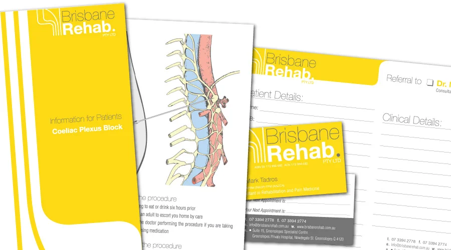 Brisbane Rehab - Collaterals Created: Identity, Graphic Design, Medical Illustration, Business Cards, Brochures, Referral Slips, Letterheads, Signage, Rubber Stamps, Stickers, Website, Facebook Page