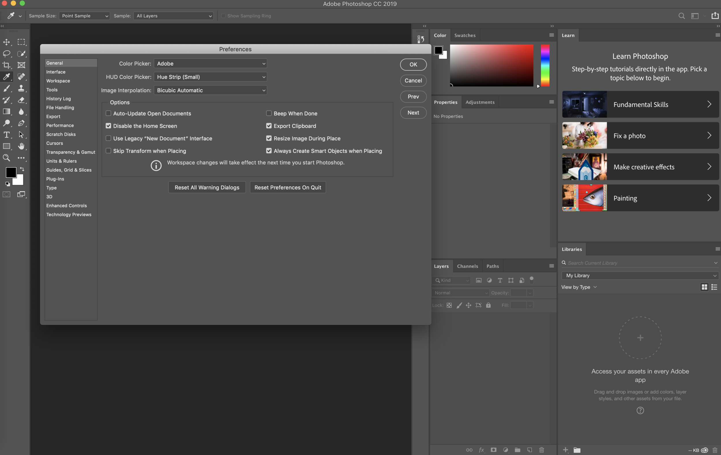 Adobe Photoshop 2019 - This is the default preferences pane and application layout. To Adobe’s credit, they are featuring additional learning resources directly in the application.