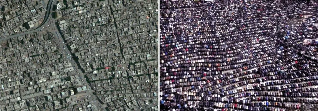 One of the densest cities in the world. Informal housing in Cairo and protesters praying in Tahrir. Photo courtesy of Fady El Sadek.