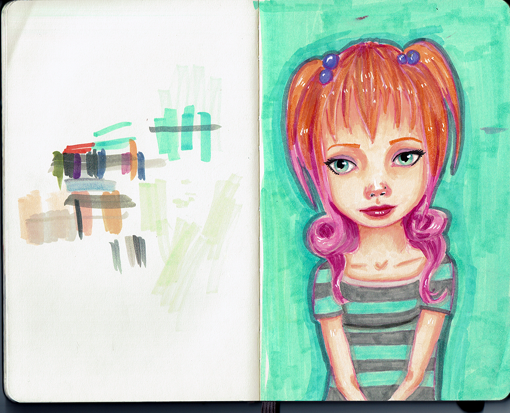 That page on the left is for testing how colors will look next to each other, and how the shadows, done with grey, will look over the colors. Moleskine paper isn't the best thing for Copic markers!