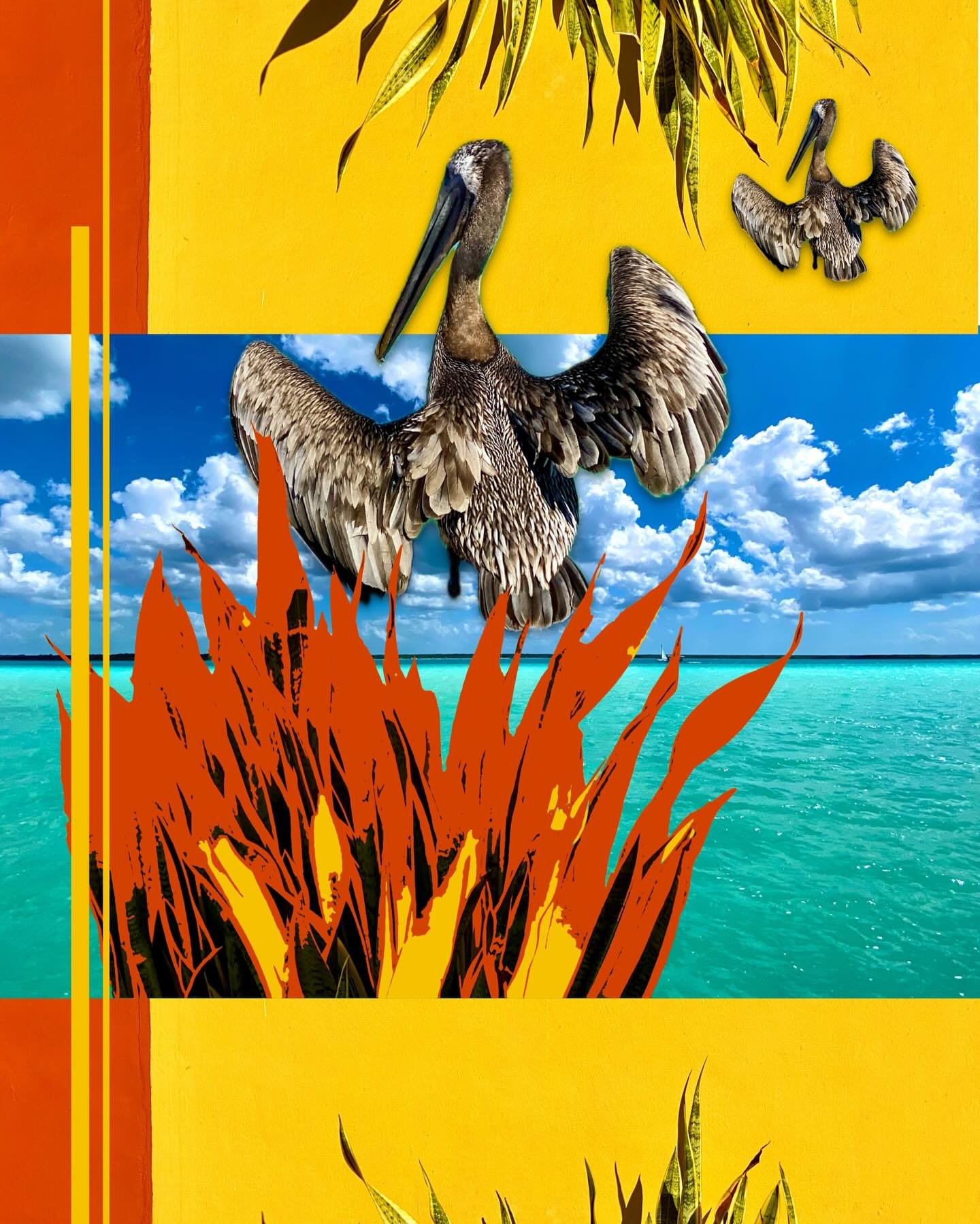 &ldquo;Firebird&rdquo; &copy; 2025 Skip Hunt

A pelican with outstretched wings appears to hover above stylized vegetation against a vibrant backdrop. The scene combines elements of nature and abstract design, with a striking contrast between the viv