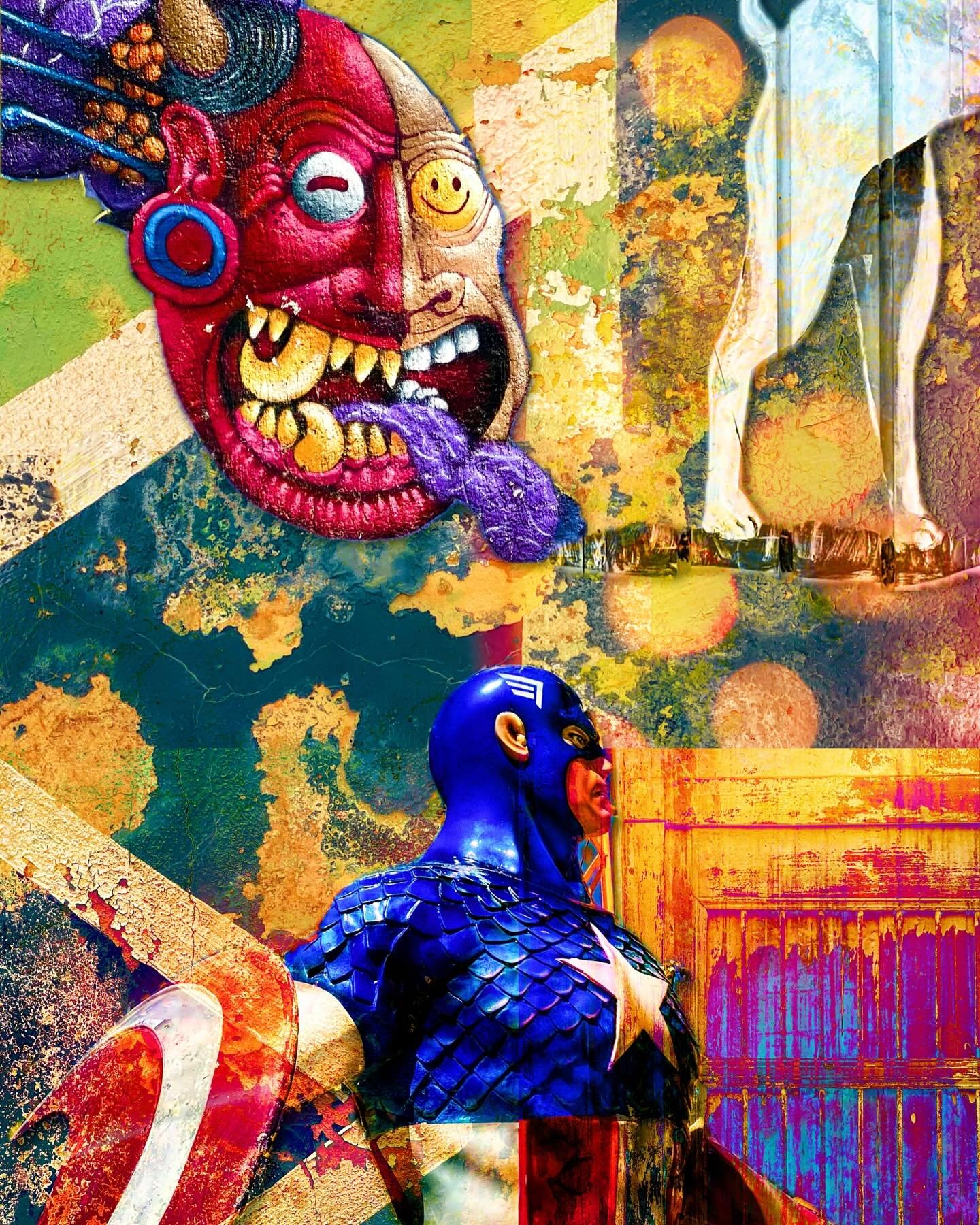 &ldquo;America Under Siege&rdquo; &copy; 2025 Skip Hunt

A colorful street art mural combines a chaotic mixture of figures, featuring a superhero and abstract elements. Bold colors and various textures create a vibrant, dynamic atmosphere.

Collage c