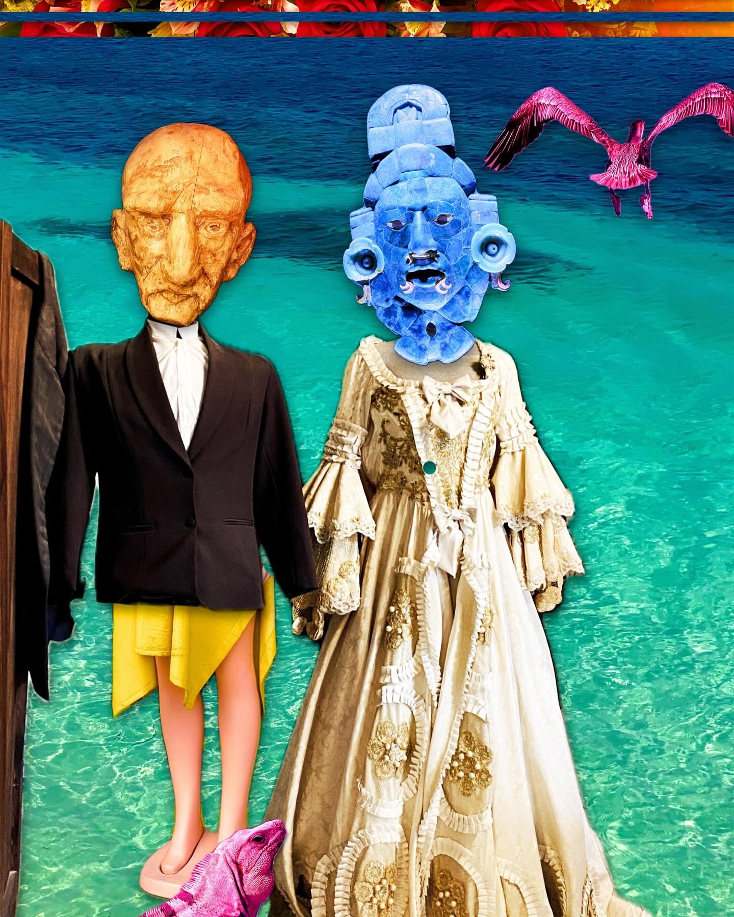 &ldquo;Bridal Suite&rdquo; &copy; 2025 Skip Hunt

Surreal characters with colorful masks stand in elaborate attire by turquoise waters, set against a vibrant backdrop of sunflowers and a pink flamingo. A quirky blend of historical and fantastical ele