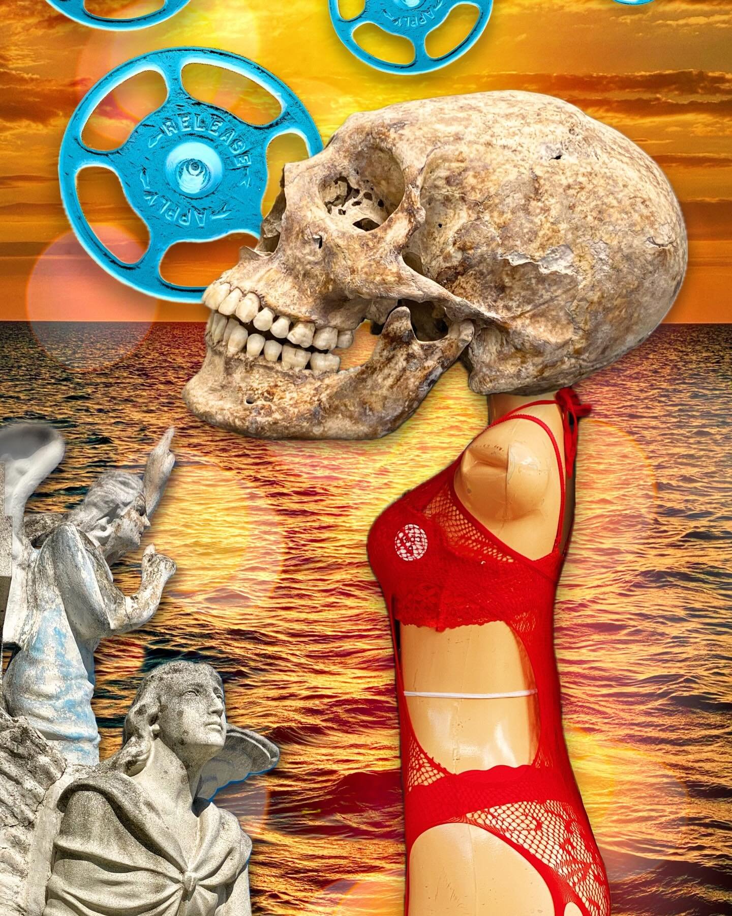 &ldquo;Lucy&rdquo; &copy; 2025 Skip Hunt

A surreal composition showcases a large skull atop a mannequin dressed in a red outfit, set against a vibrant sunset over water. Blue valve wheels float above a statue that gazes out over the scene, adding an